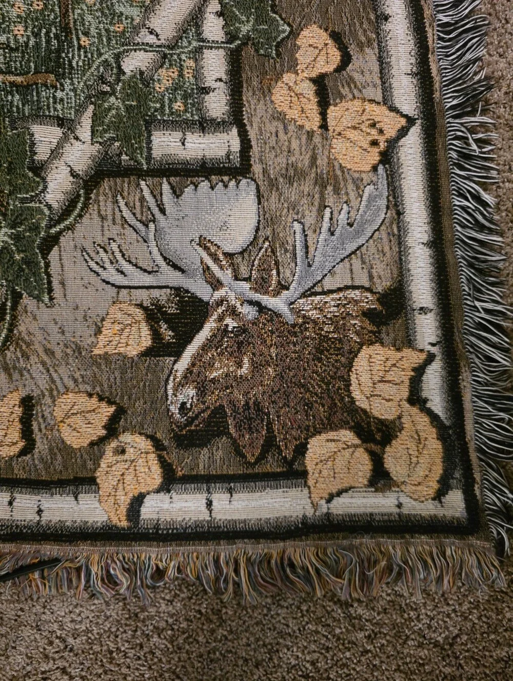 Vintage Log Cabin Throw Blanket With Fringe. Woods Birch Trees